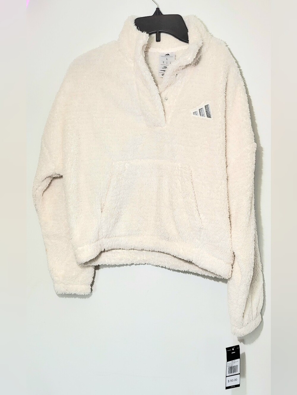 New Adidas White Spark Fleece Pullover Sweatshirt Logo Pockets Size L (14) Teens